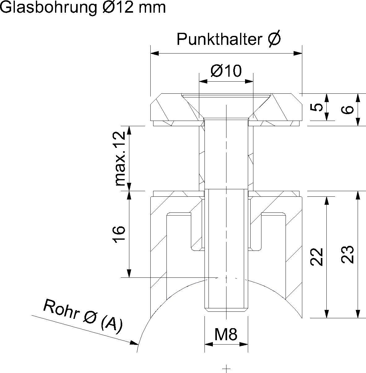 Glas-Punkthalter V2A hoch mit Fase von Südmetall