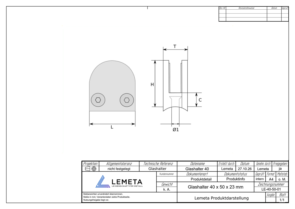 Technische Maßzeichnung Glashalter 40 × 50 mm im LEMETA-Musterzeichnungskopf