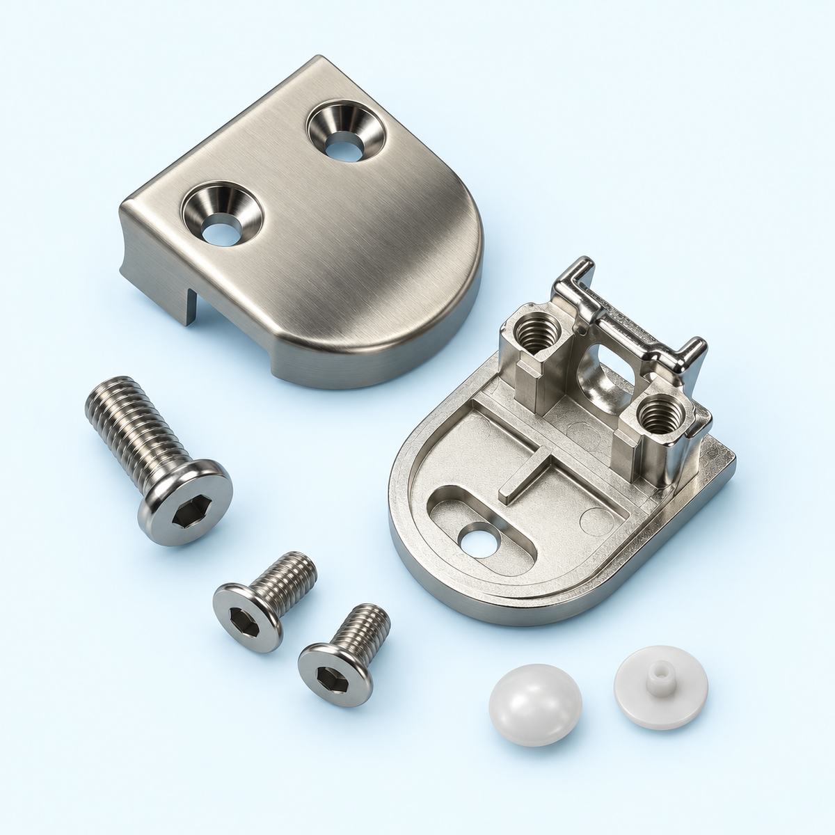 KI-generiert: Glashalter 40 × 50 mm in Edelstahloptik, zerlegte Ansicht